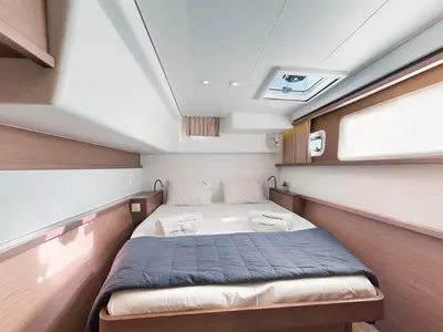 Cabin on Buena Suerte, a Lagoon 450 Fly catamaran at Athens, Greece