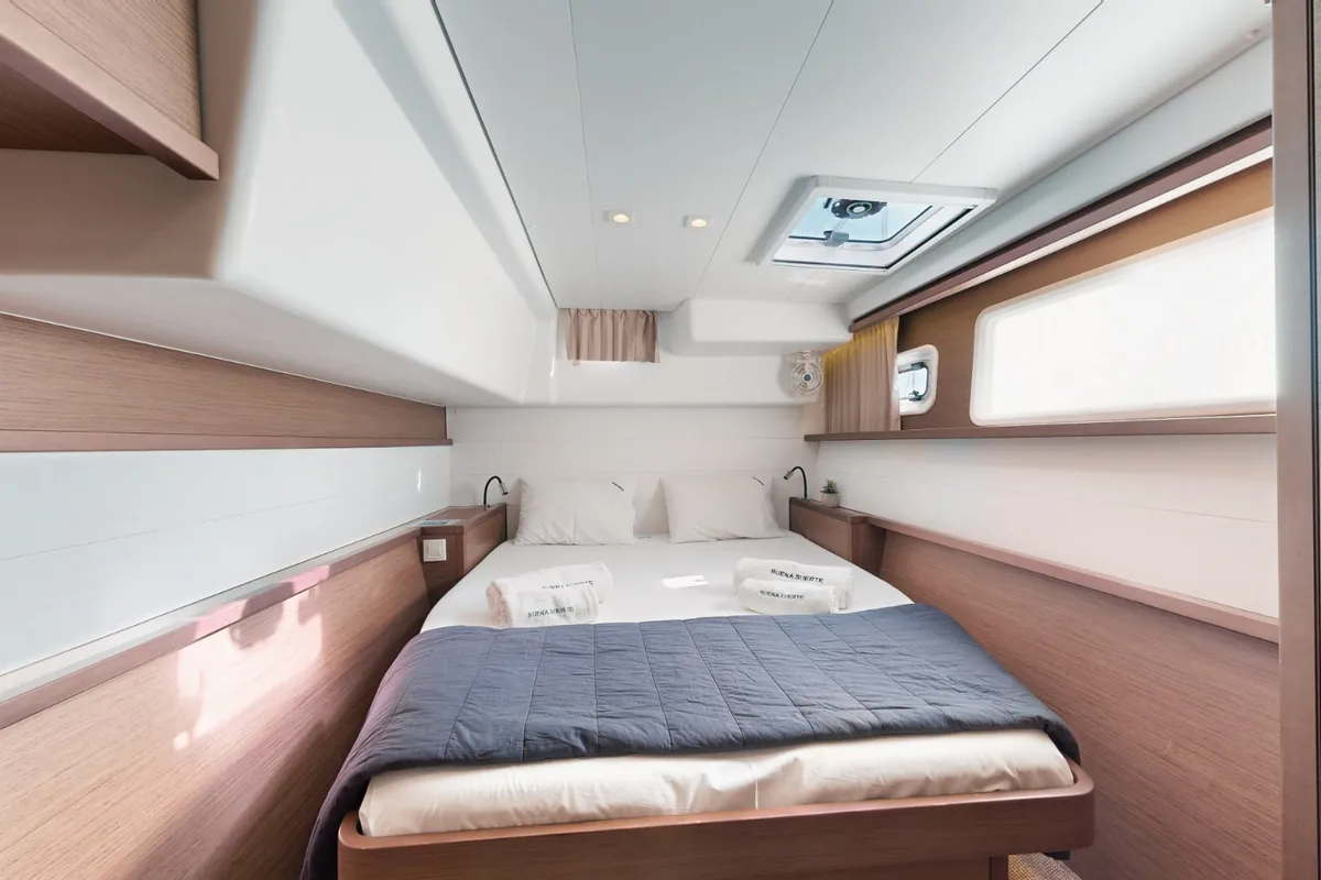 Cabin on Buena Suerte, a Lagoon 450 Fly catamaran at Athens, Greece