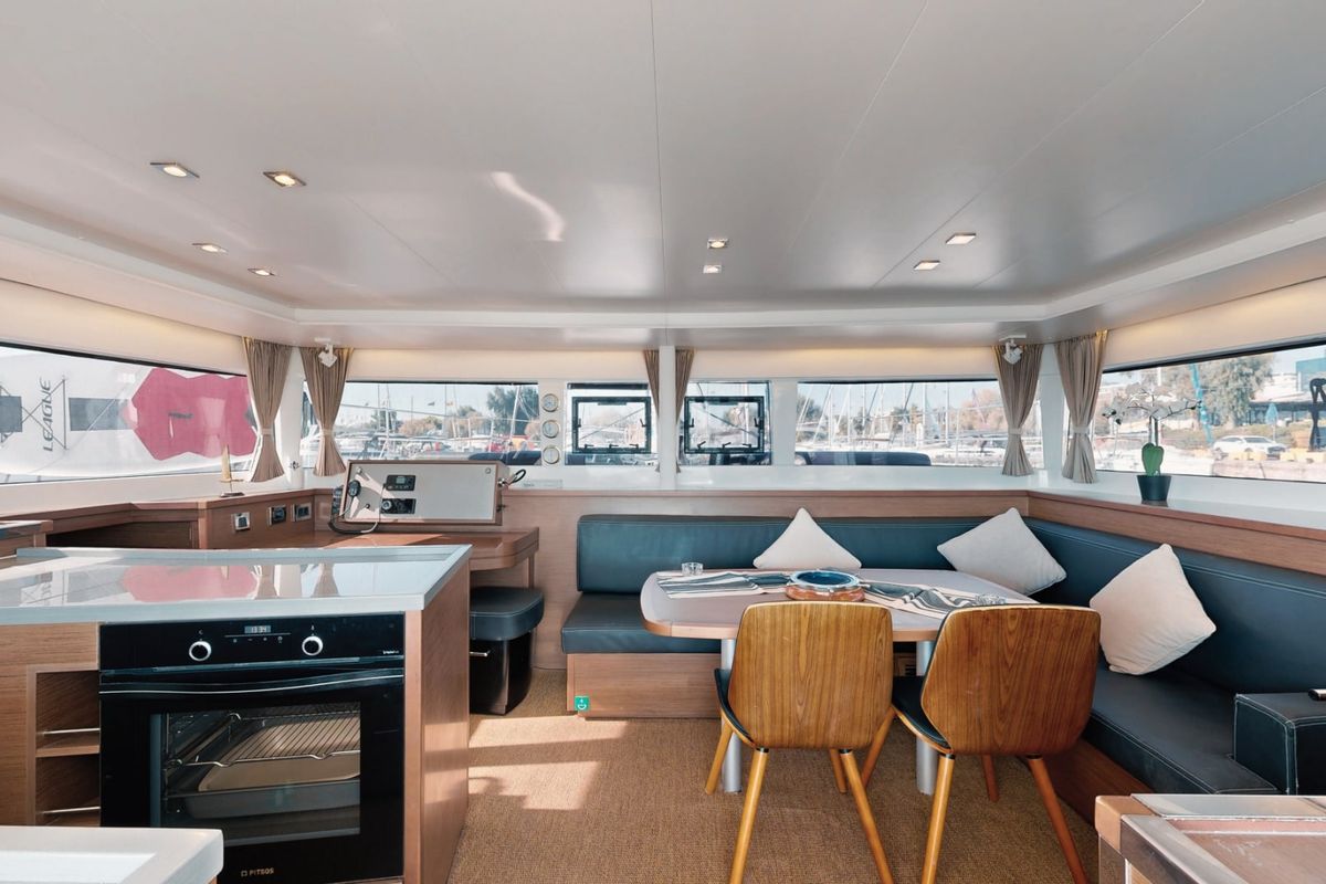 Salon of Buena Suerte, a Lagoon 450 Fly catamaran at Athens, Greece