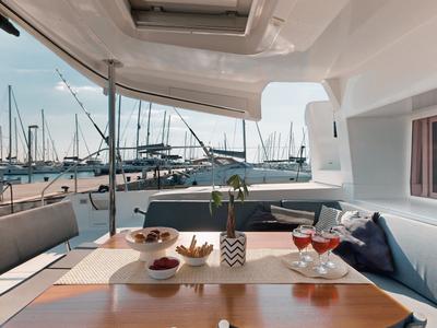 Deck of Buena Suerte, a Lagoon 450 Fly catamaran at Athens, Greece