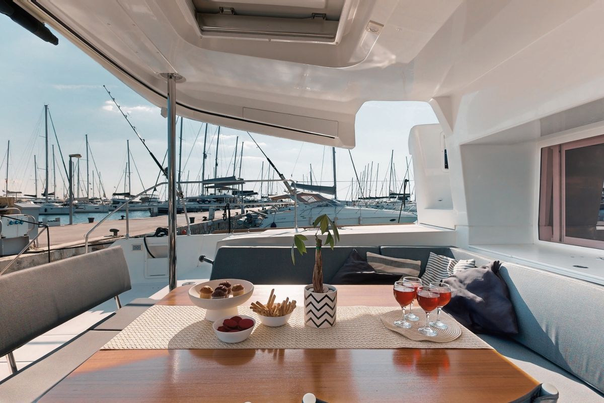 Deck of Buena Suerte, a Lagoon 450 Fly catamaran at Athens, Greece