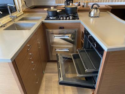 Galley of Buena Suerte, a Lagoon 450 Fly catamaran at Athens, Greece
