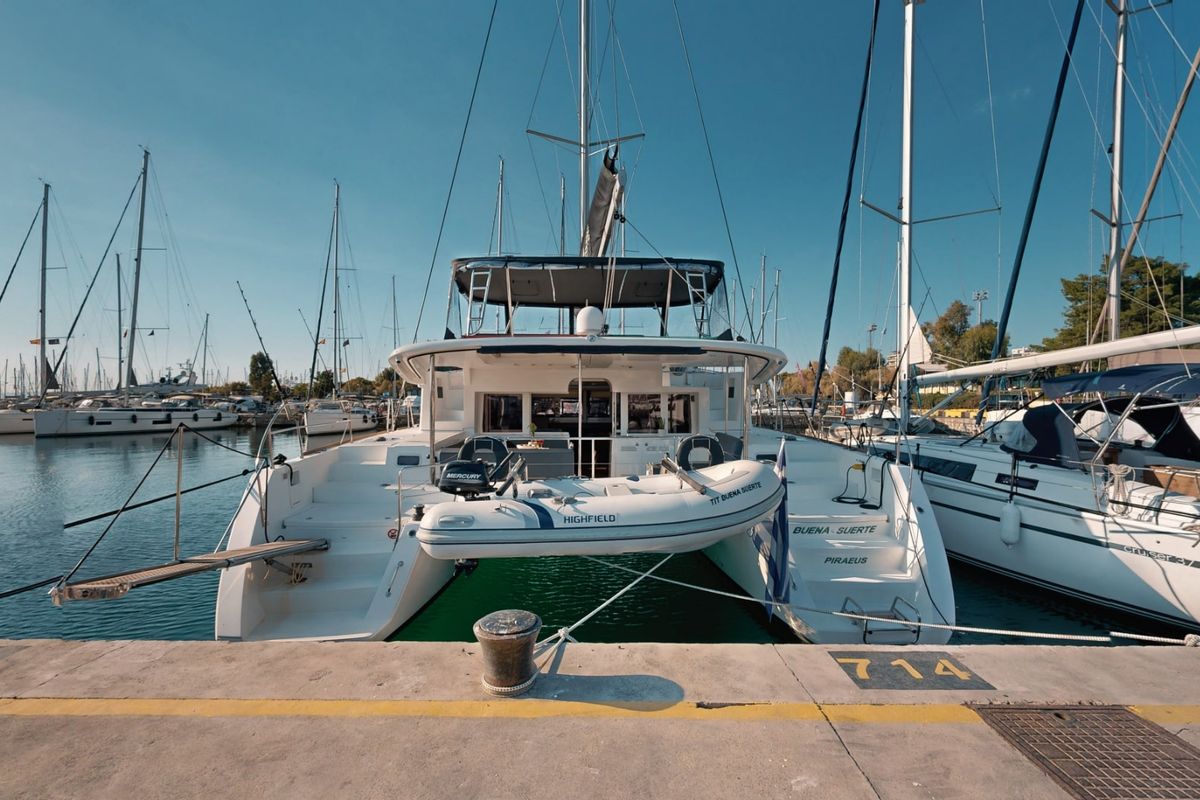Exterior view of Buena Suerte, a Lagoon 450 Fly catamaran at Athens, Greece