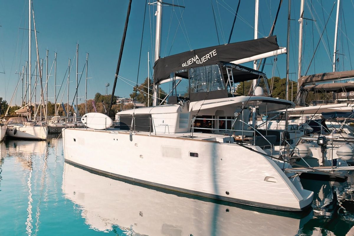 Exterior view of Buena Suerte, a Lagoon 450 Fly catamaran at Athens, Greece