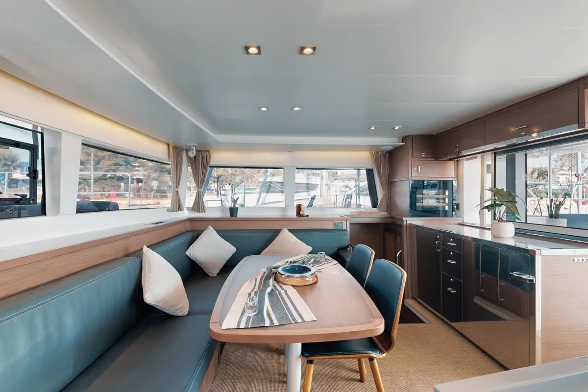 Salon of Buena Suerte, a Lagoon 450 Fly catamaran at Athens, Greece