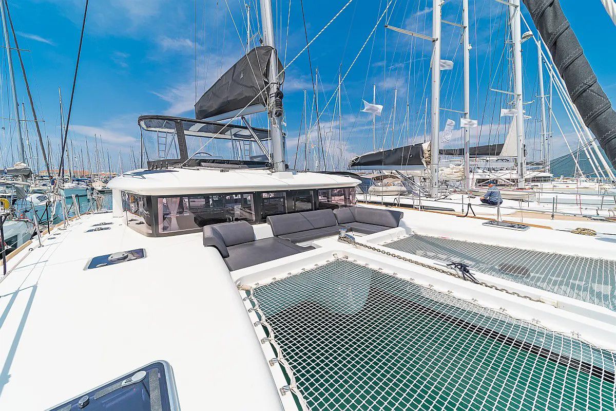 Deck of Buena Suerte, a Lagoon 450 Fly catamaran at Athens, Greece