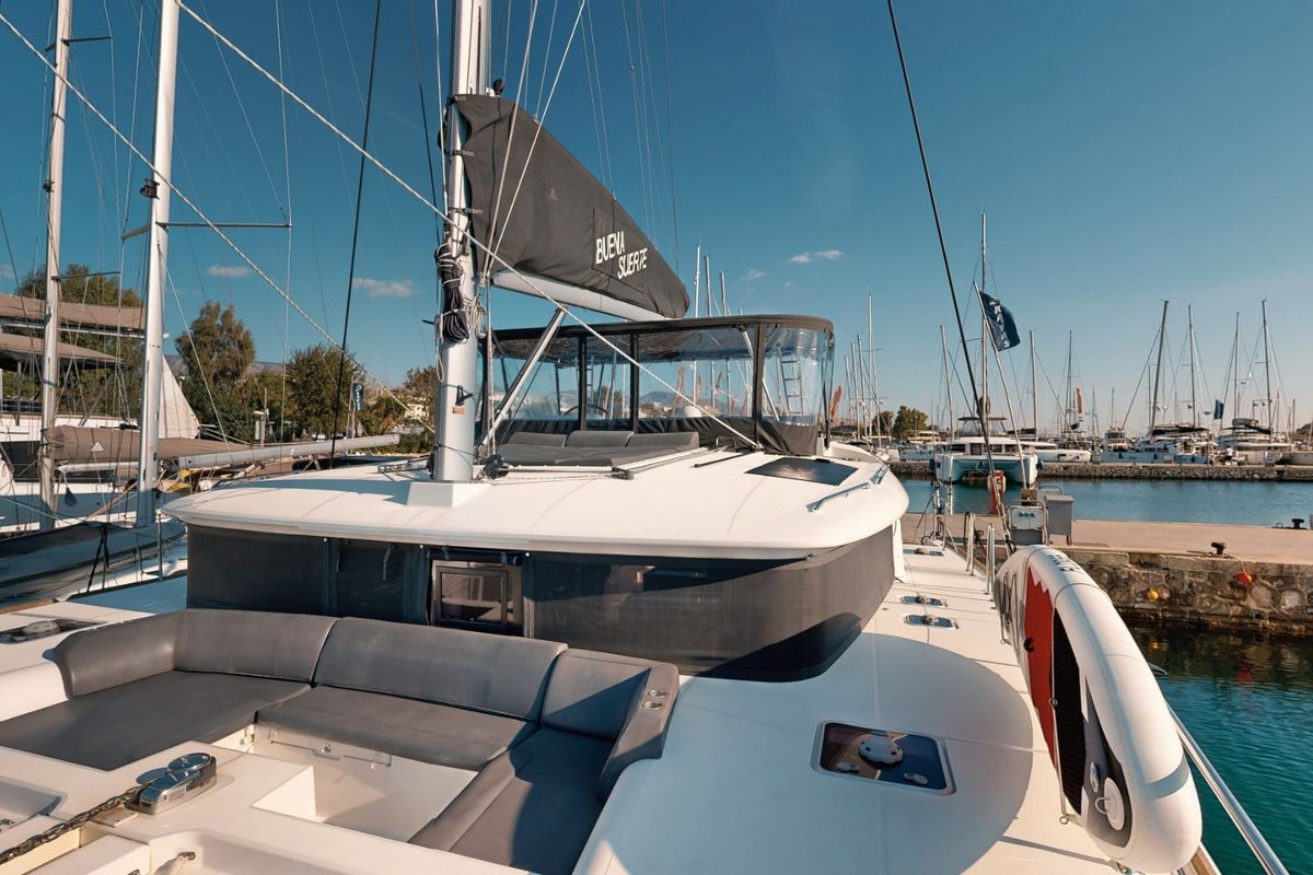 Deck of Buena Suerte, a Lagoon 450 Fly catamaran at Athens, Greece
