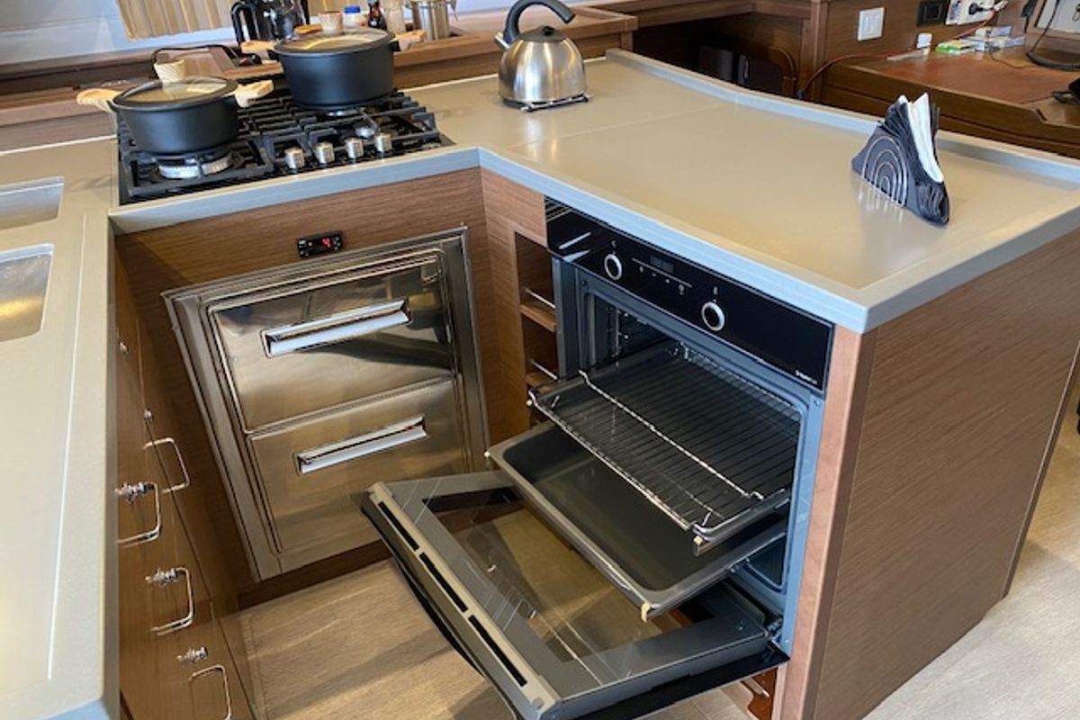 Galley of Buena Suerte, a Lagoon 450 Fly catamaran at Athens, Greece