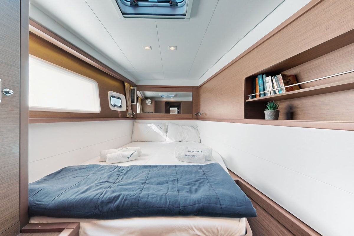 Cabin on Buena Suerte, a Lagoon 450 Fly catamaran at Athens, Greece