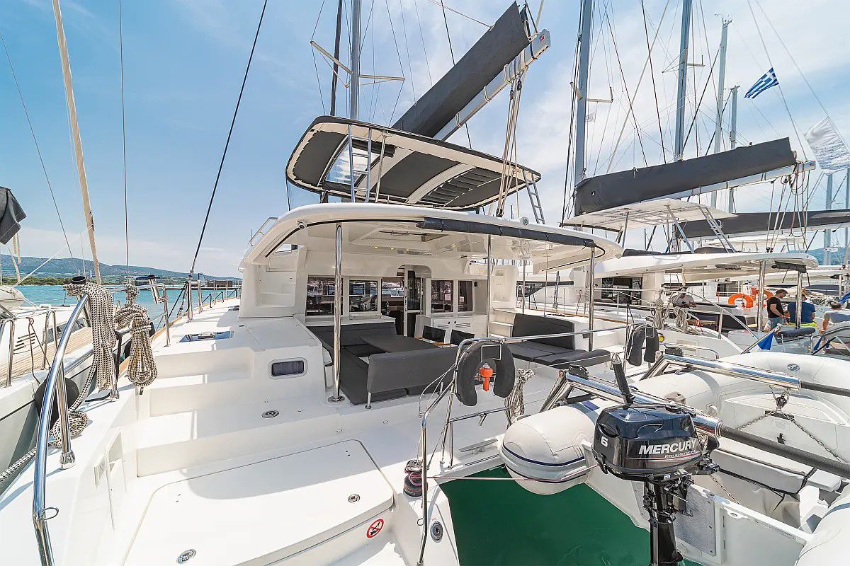 Deck of Buena Suerte, a Lagoon 450 Fly catamaran at Athens, Greece
