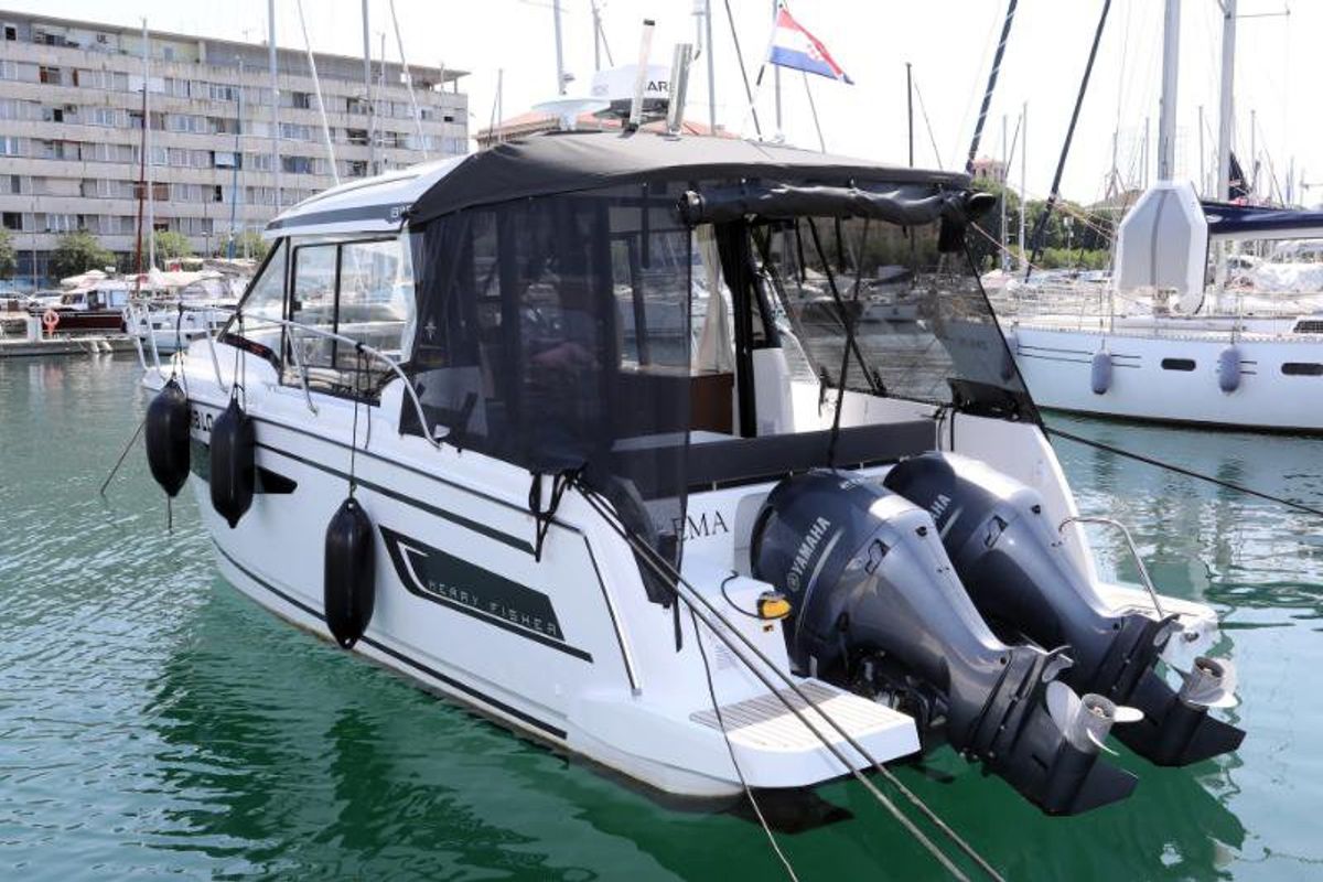 Exterior view of Wind, a Jeanneau Merry Fisher 895 motorboat at Dubrovnik, Croatia