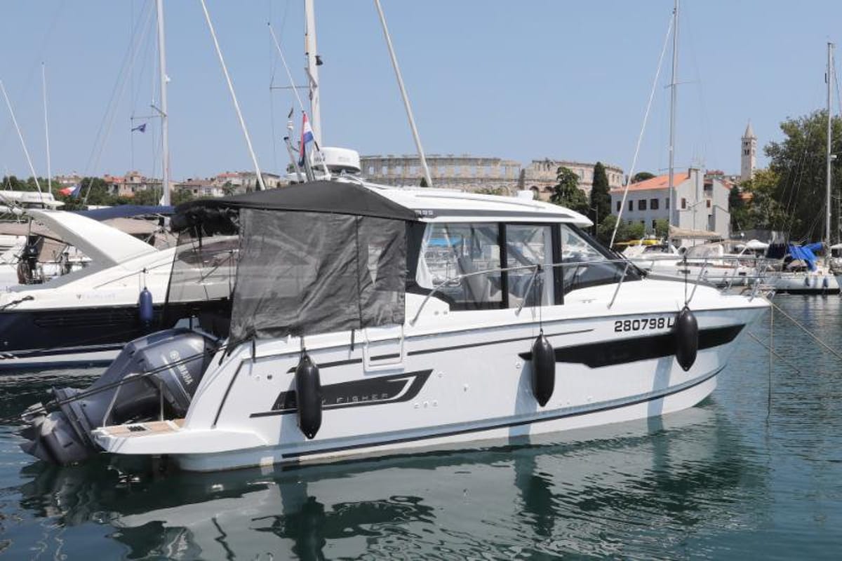 Exterior view of Wind, a Jeanneau Merry Fisher 895 motorboat at Dubrovnik, Croatia