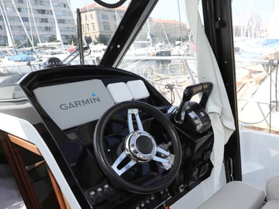 Cockpit of Wind, a Jeanneau Merry Fisher 895 motorboat at Dubrovnik, Croatia