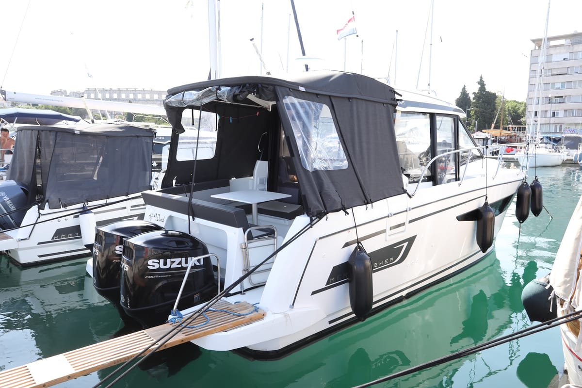 Exterior view of Wind, a Jeanneau Merry Fisher 895 motorboat at Dubrovnik, Croatia