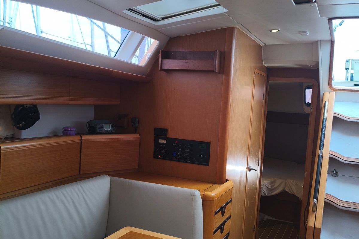 Salon of Keep Calm, a Jeanneau 53 sailboat at Olbia, Italy
