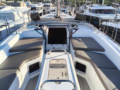 Deck of Keep Calm, a Jeanneau 53 sailboat at Olbia, Italy