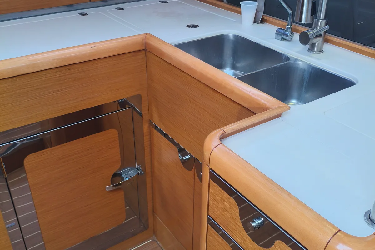 Galley of Keep Calm, a Jeanneau 53 sailboat at Olbia, Italy