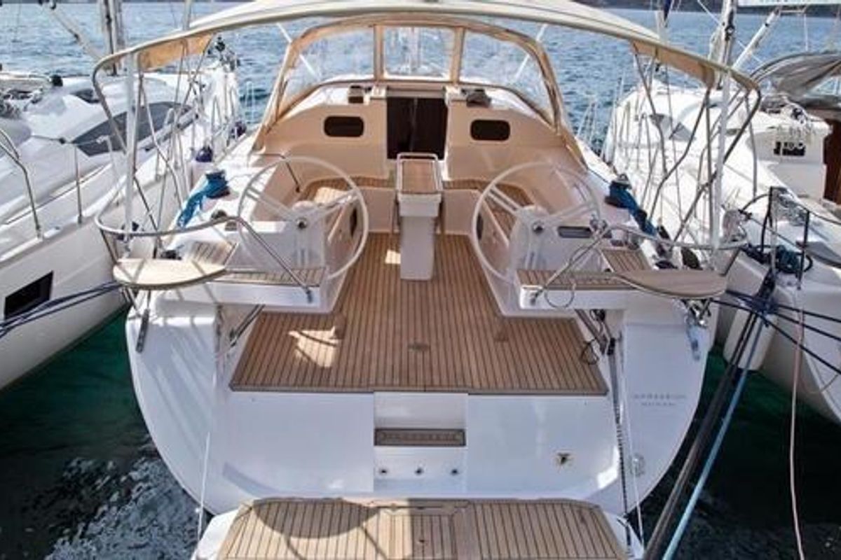 Cockpit of Alcamaro, a Elan Impression 45 sailboat at Vigo, Spain