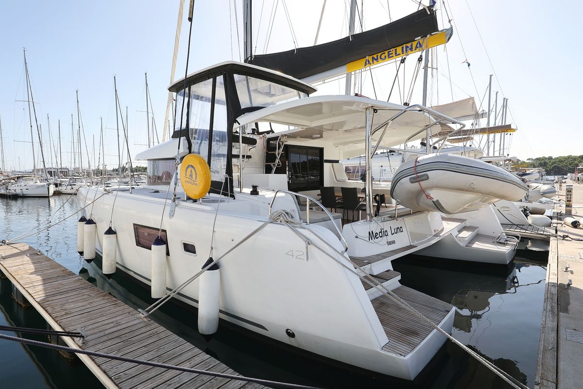 Exterior view of Media Luna, a Lagoon 42 catamaran at Općina Sveti Filip i Jakov, Croatia