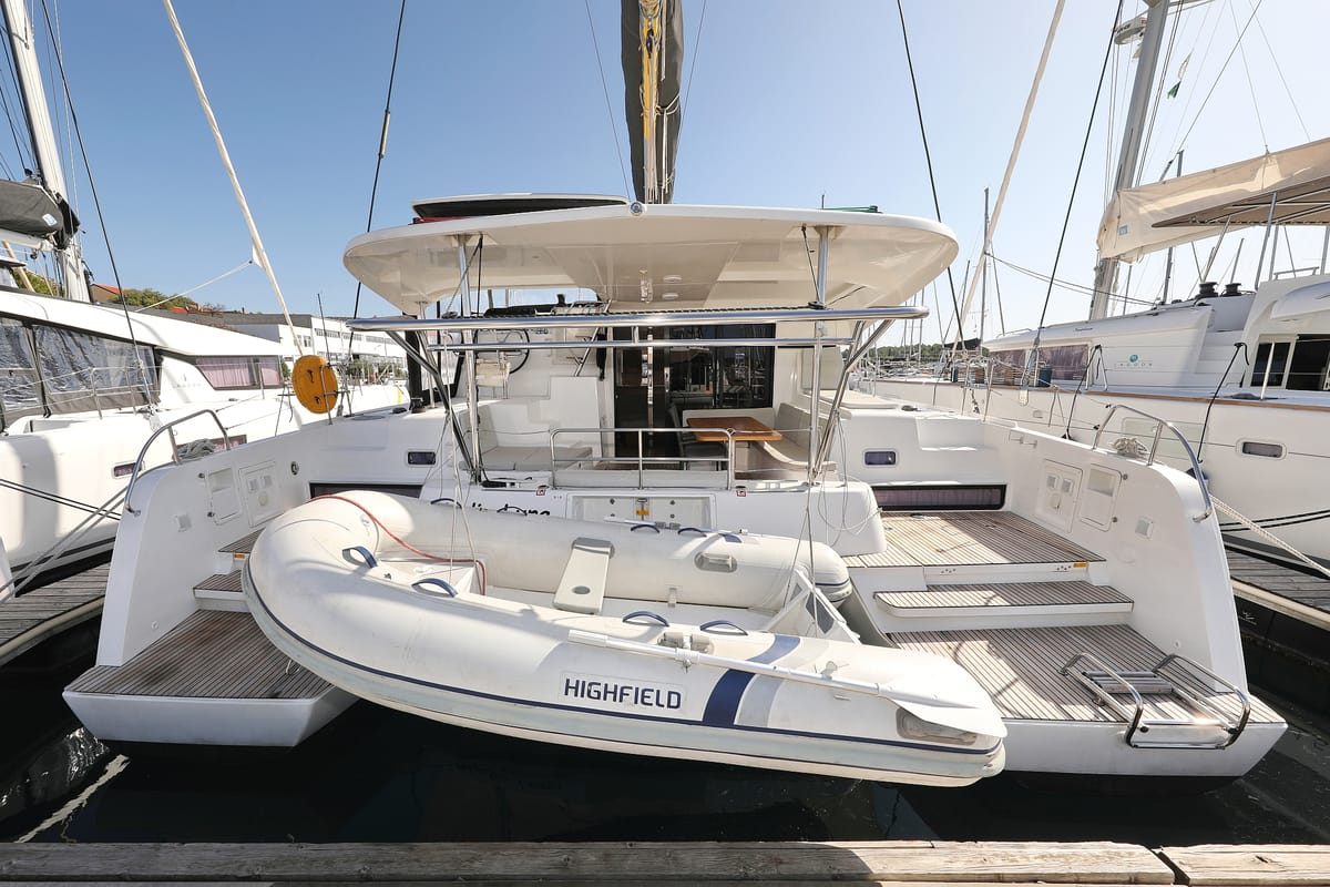 Exterior view of Media Luna, a Lagoon 42 catamaran at Općina Sveti Filip i Jakov, Croatia