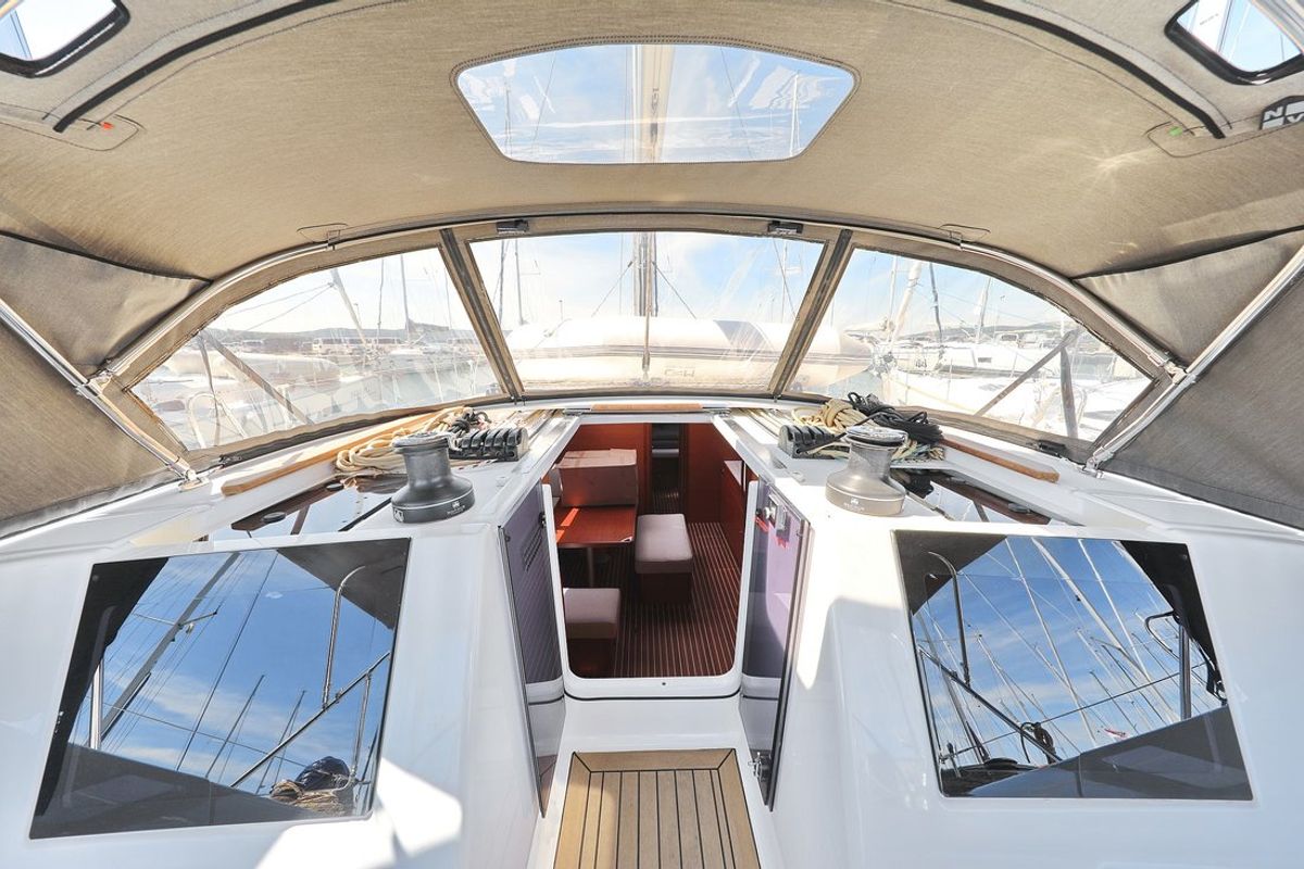 Deck of SunnyLife, a Dufour 460 GL sailboat at Grad Biograd na Moru, Croatia