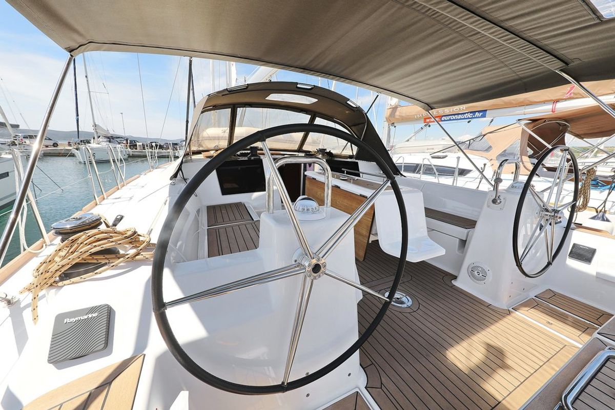 Cockpit of SunnyLife, a Dufour 460 GL sailboat at Grad Biograd na Moru, Croatia
