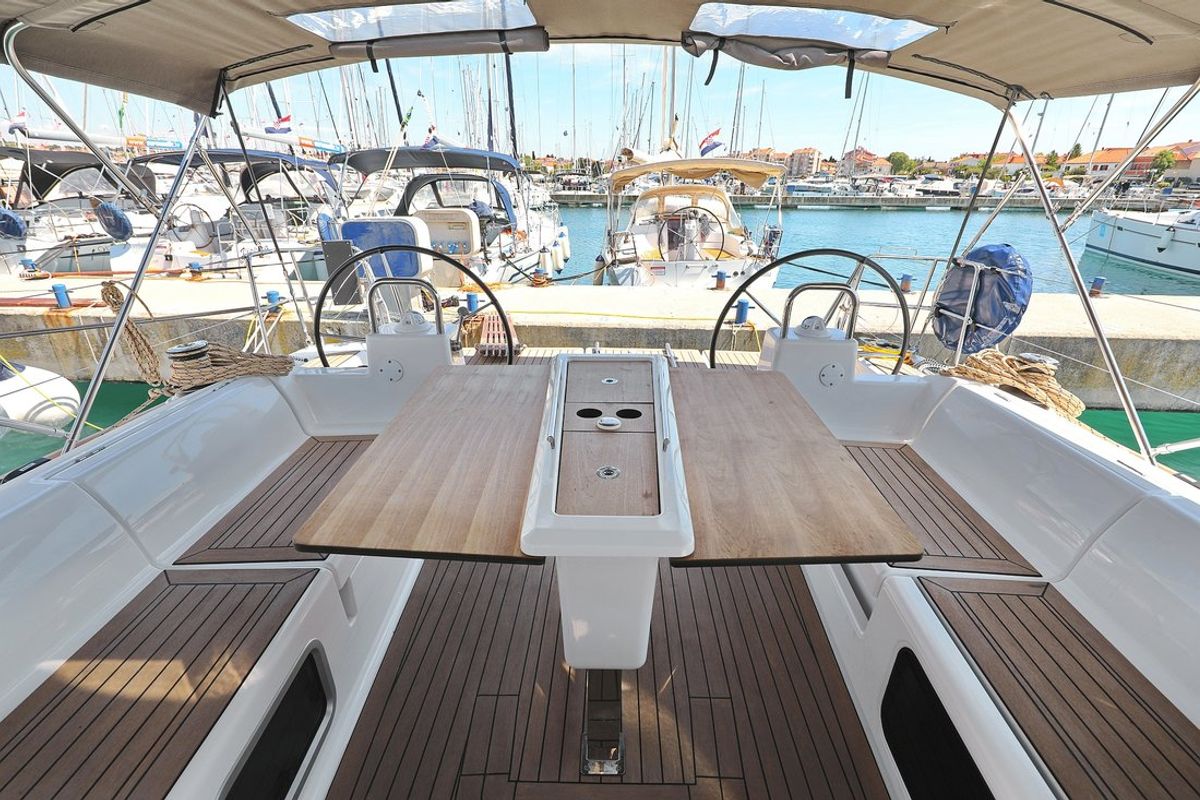 Cockpit of SunnyLife, a Dufour 460 GL sailboat at Grad Biograd na Moru, Croatia