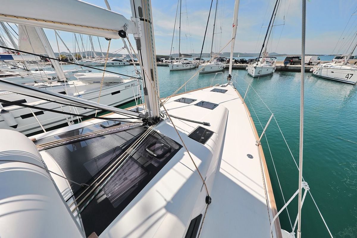 Deck of SunnyLife, a Dufour 460 GL sailboat at Grad Biograd na Moru, Croatia