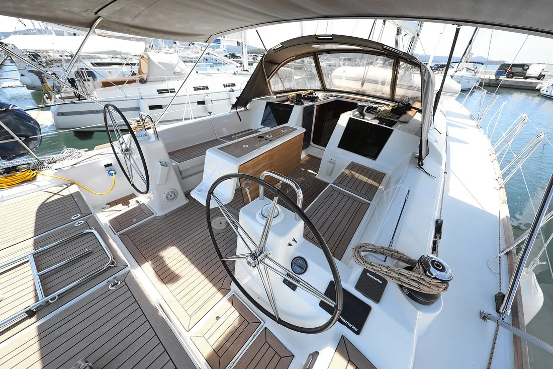 Cockpit of SunnyLife, a Dufour 460 GL sailboat at Grad Biograd na Moru, Croatia
