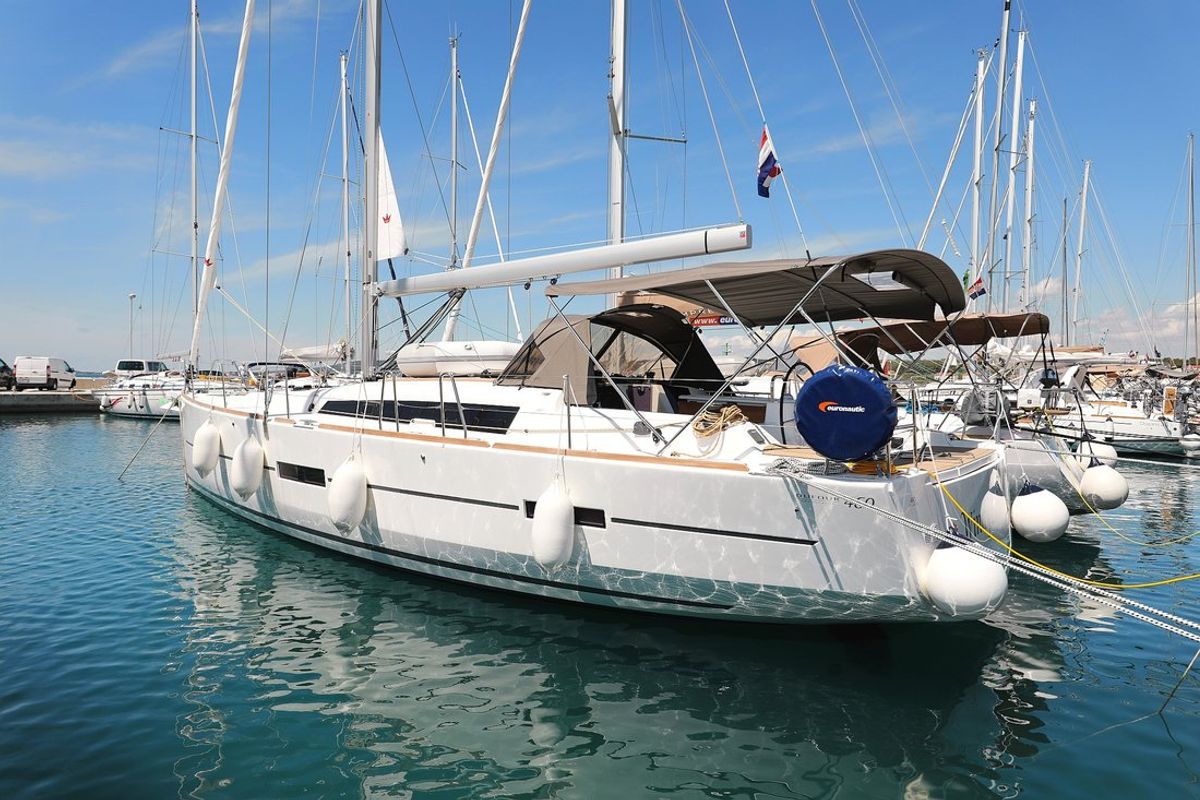 Exterior view of SunnyLife, a Dufour 460 GL sailboat at Grad Biograd na Moru, Croatia