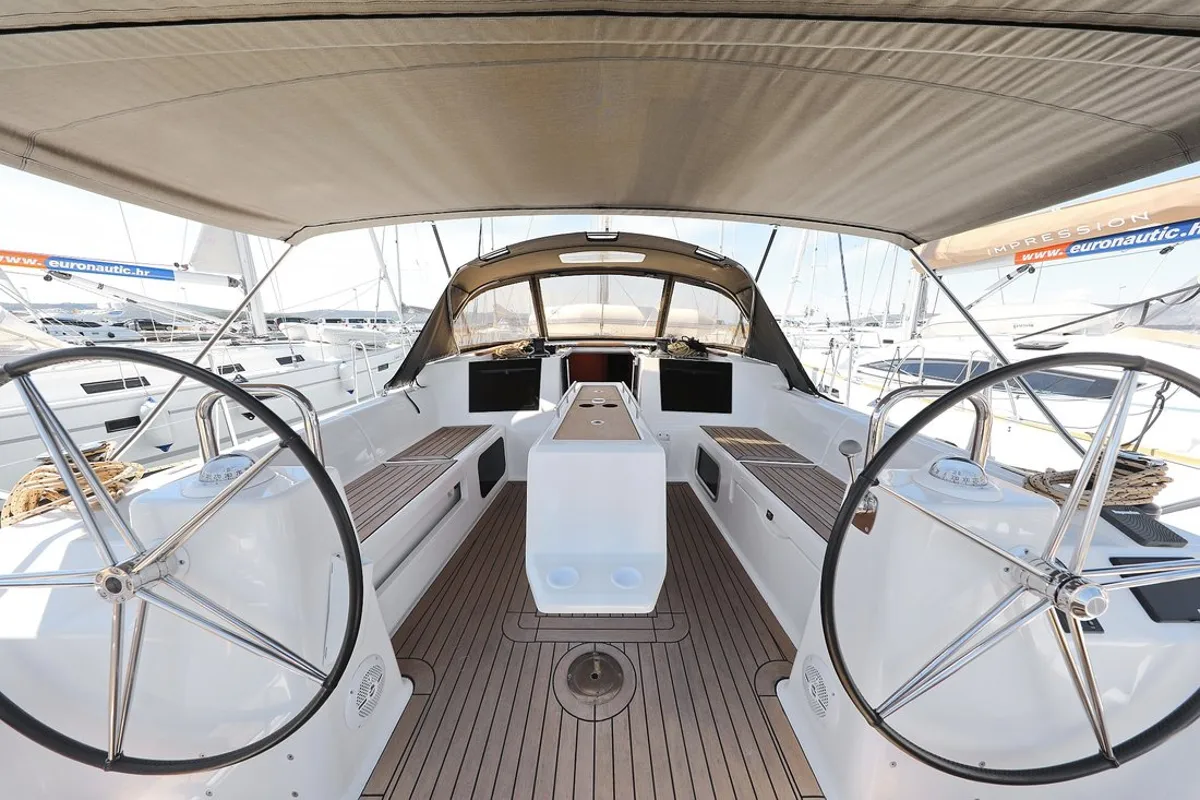 Cockpit of SunnyLife, a Dufour 460 GL sailboat at Grad Biograd na Moru, Croatia