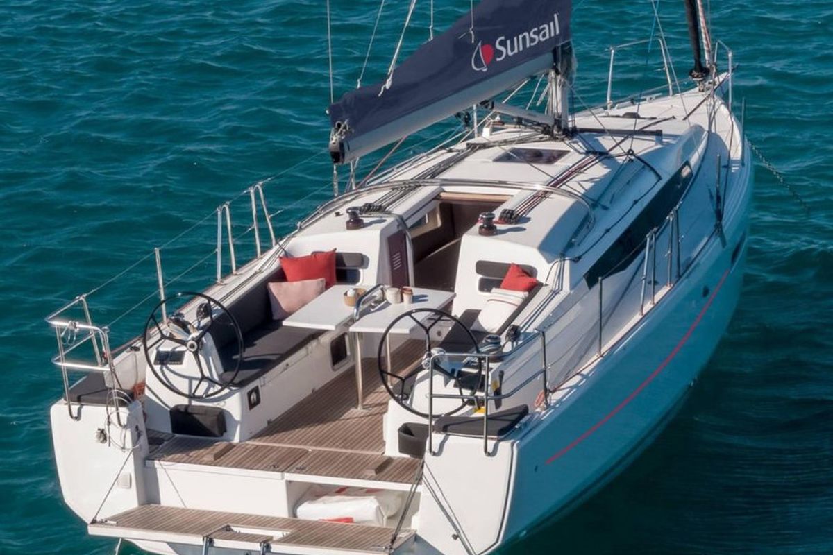 Deck of Sunsail 38.0 Classic, a Jeanneau Sun Odyssey 380 sailboat at Procida, Italy