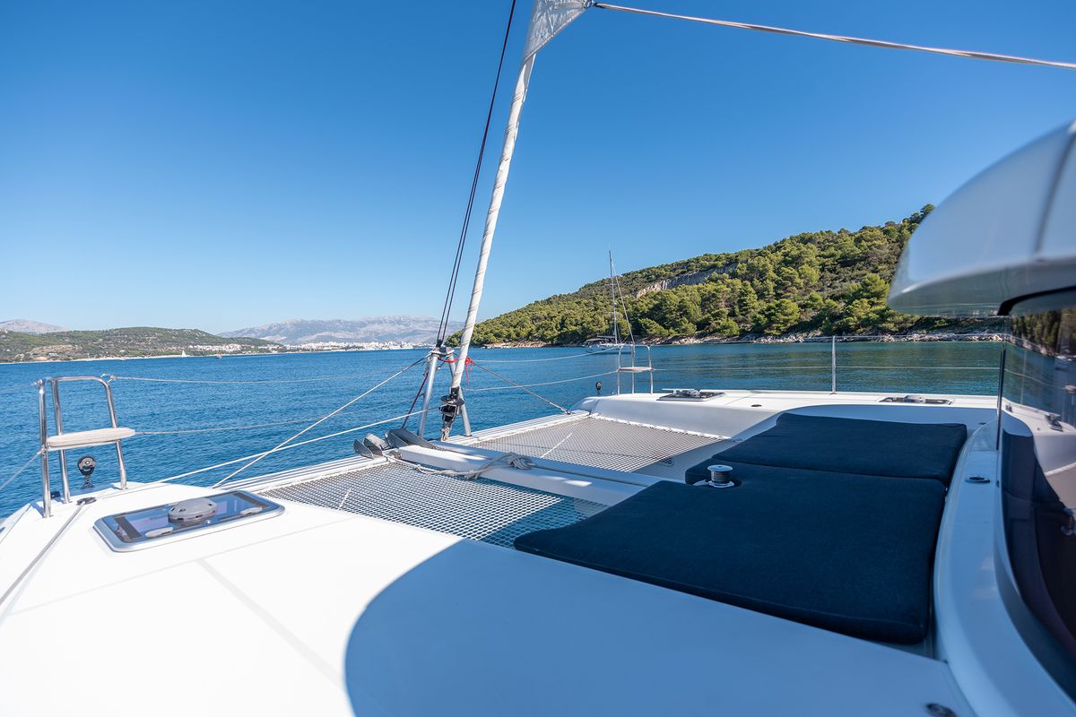 Deck of Find Us, a Lagoon 42 OW catamaran at Grad Kaštela, Croatia