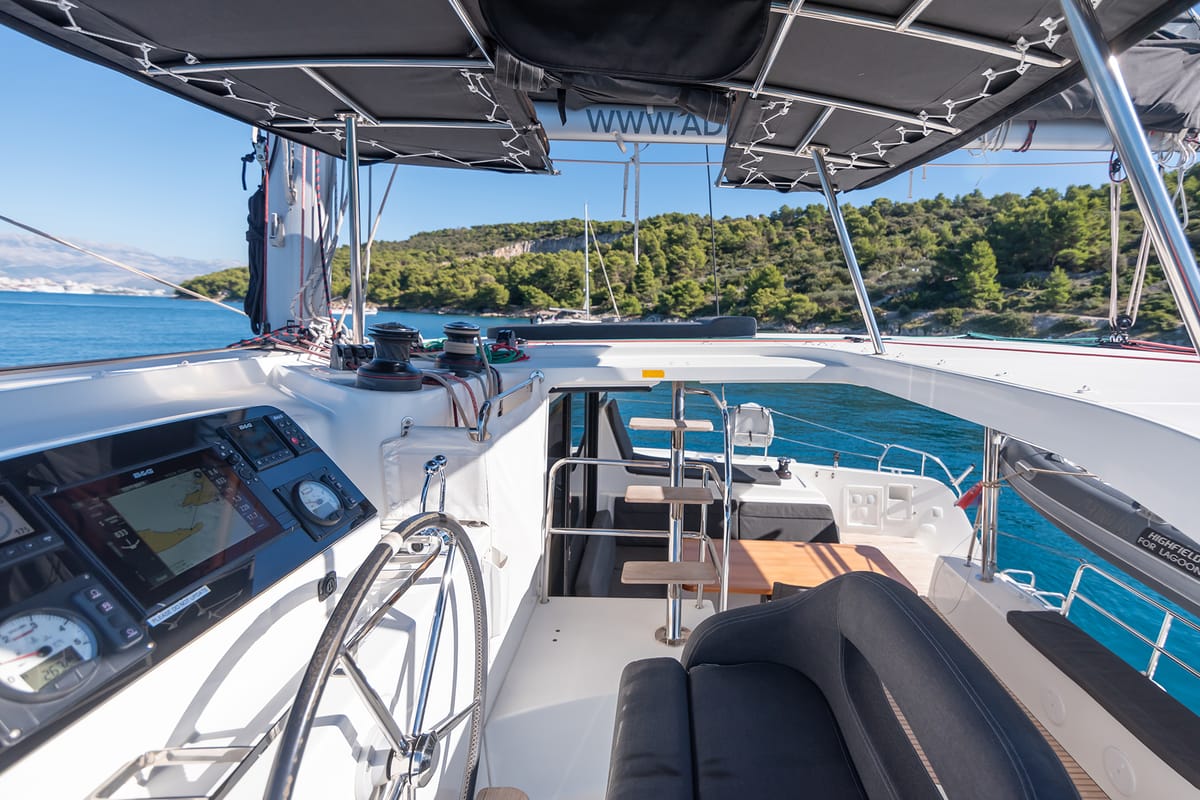 Cockpit of Find Us, a Lagoon 42 OW catamaran at Grad Kaštela, Croatia