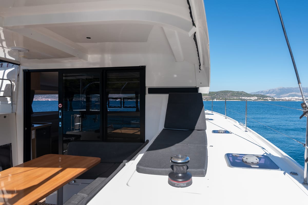Deck of Find Us, a Lagoon 42 OW catamaran at Grad Kaštela, Croatia
