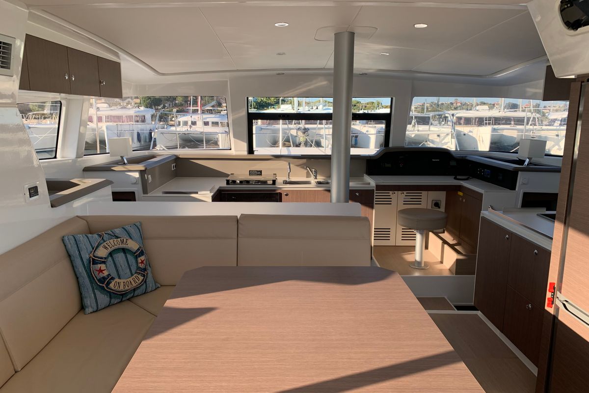 Salon of Iroula, a Bali 4.1 catamaran at Athens, Greece