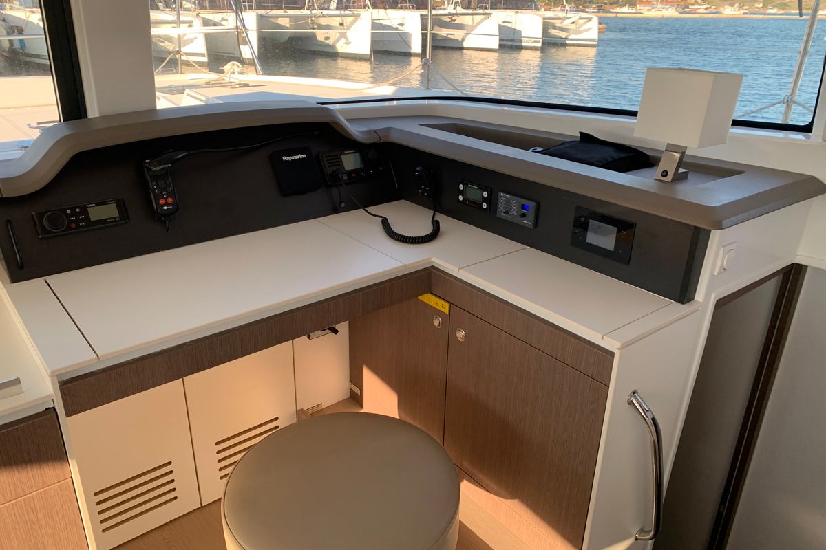 Cockpit of Iroula, a Bali 4.1 catamaran at Athens, Greece
