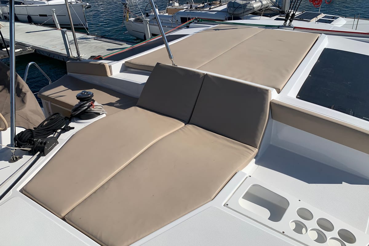 Deck of Iroula, a Bali 4.1 catamaran at Athens, Greece
