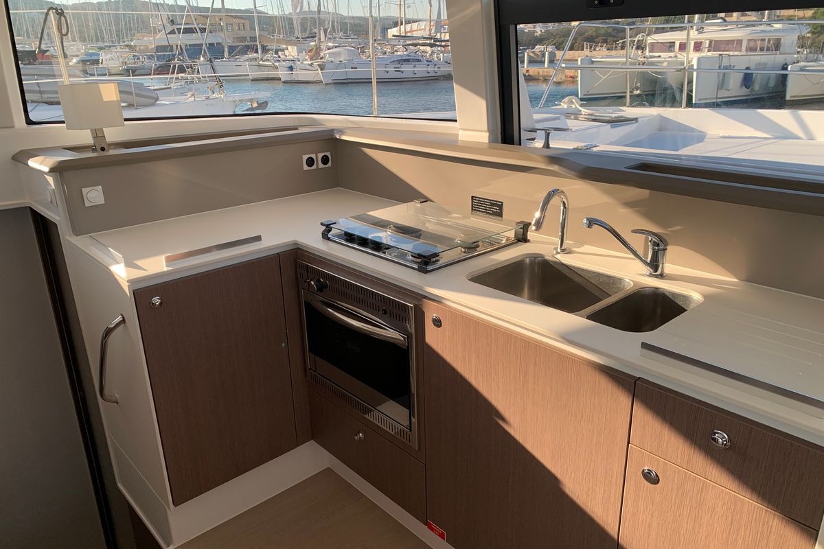 Galley of Iroula, a Bali 4.1 catamaran at Athens, Greece
