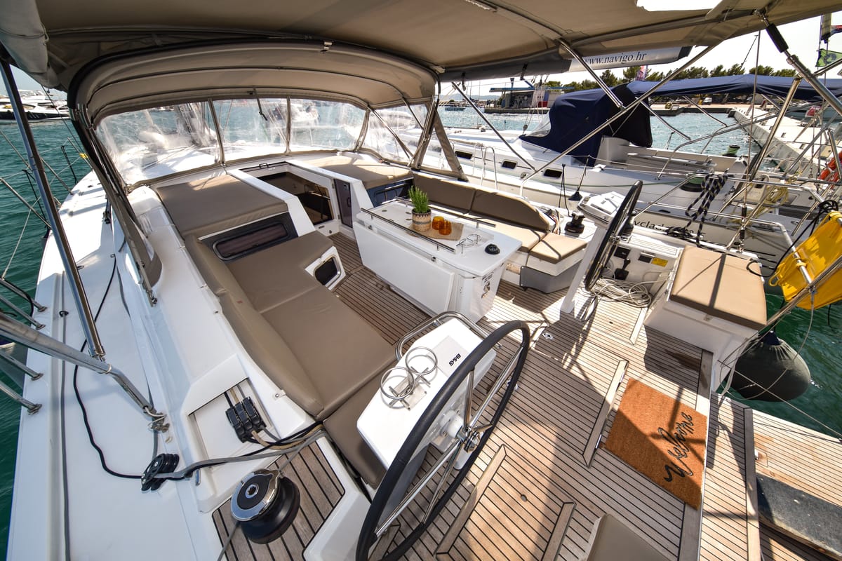 Cockpit of Dodo, a Beneteau Oceanis 51.1 OW sailboat at Općina Sukošan, Croatia