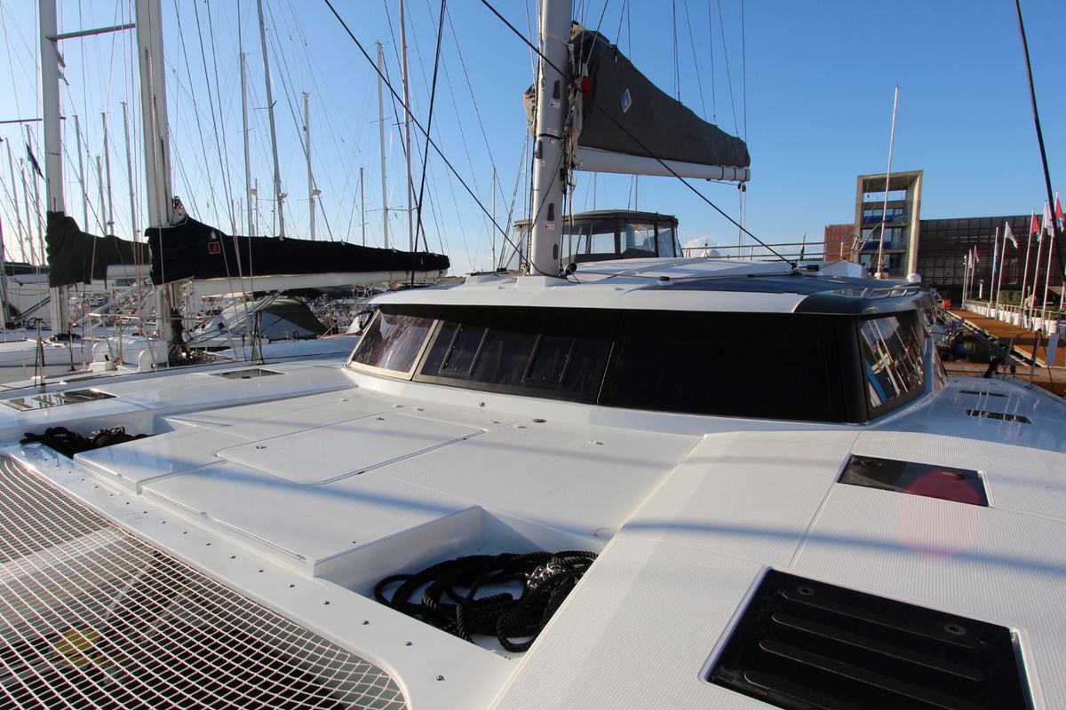 Deck of Sonrisa, a Fountaine Pajot Tanna 47 catamaran at Olbia, Italy