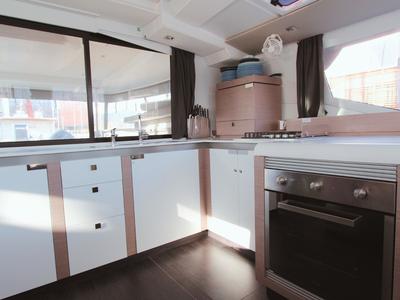 Galley of Sonrisa, a Fountaine Pajot Tanna 47 catamaran at Olbia, Italy