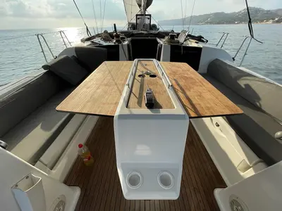 Deck of Fulham , a Dufour 460 Grand Large sailboat at Dénia, Spain