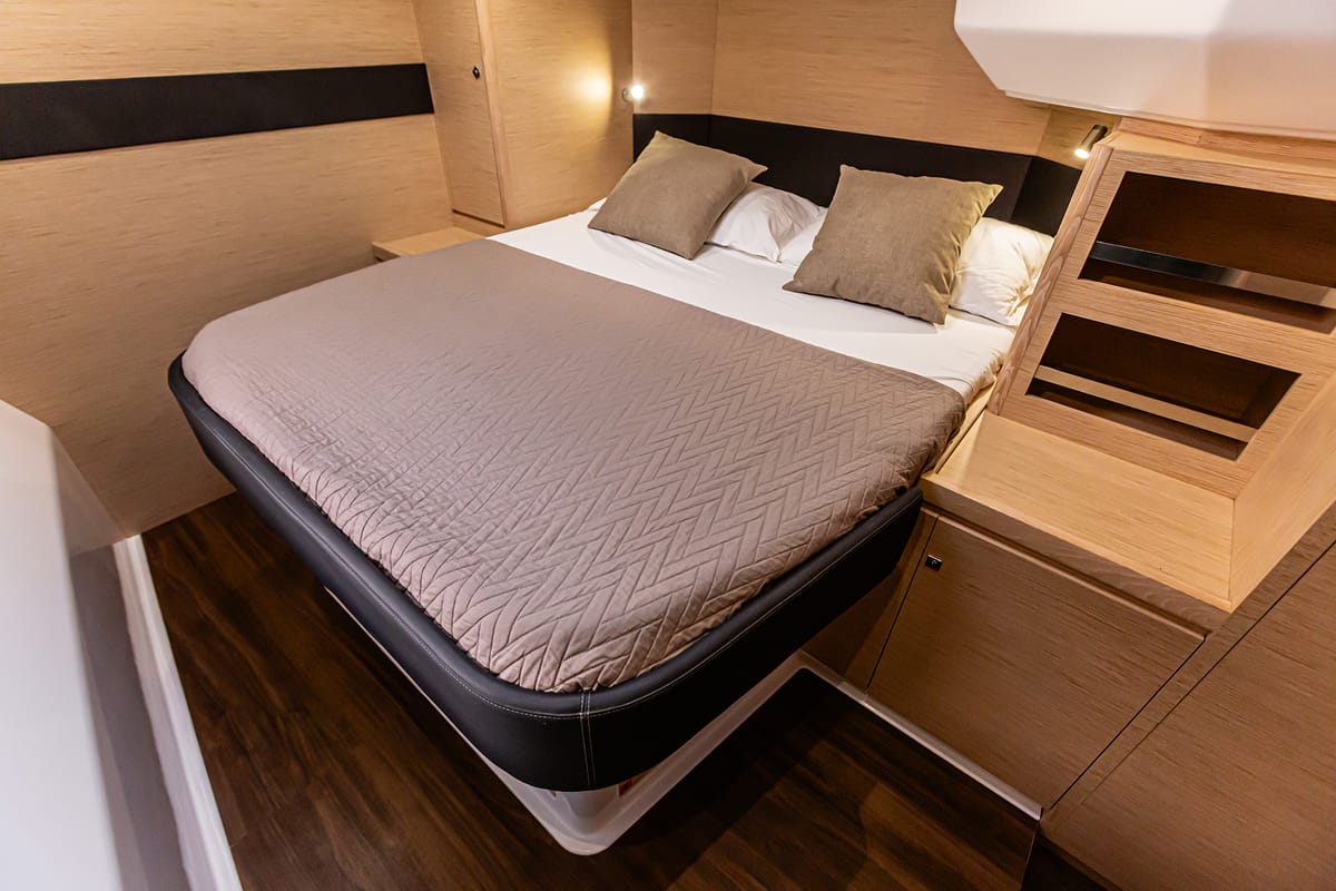 Cabin on Oblivion Planet, a Dufour Catamaran 48 catamaran at Palermo, Italy