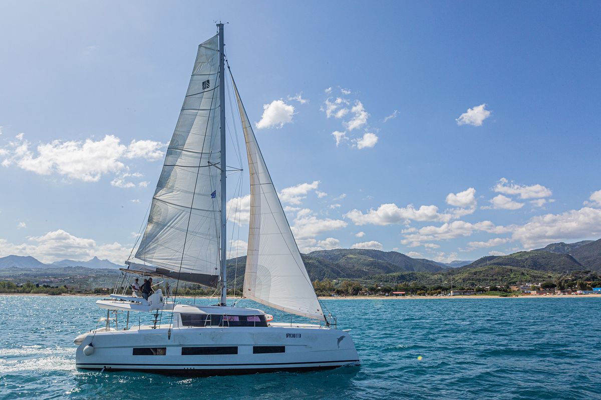 Exterior view of Oblivion Planet, a Dufour Catamaran 48 catamaran at Palermo, Italy
