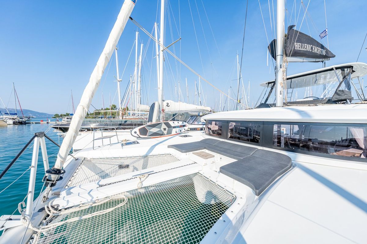 Deck of Enjoy, a Lagoon 46 catamaran at Kontokali, Greece