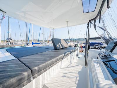 Cockpit of Enjoy, a Lagoon 46 catamaran at Kontokali, Greece