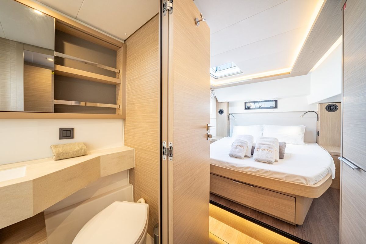 Cabin on Enjoy, a Lagoon 46 catamaran at Kontokali, Greece
