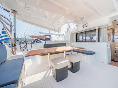 Deck of Enjoy, a Lagoon 46 catamaran at Kontokali, Greece