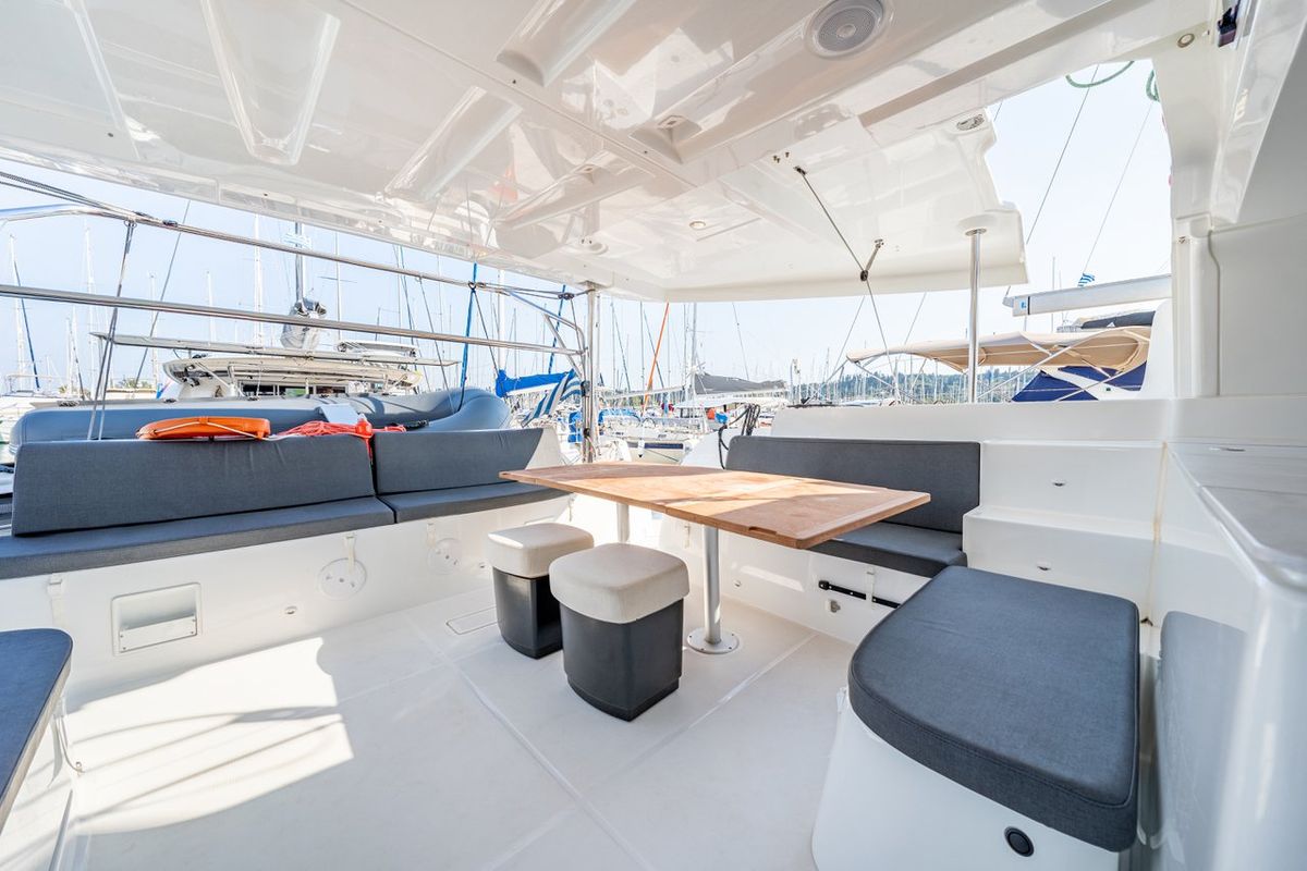 Deck of Enjoy, a Lagoon 46 catamaran at Kontokali, Greece